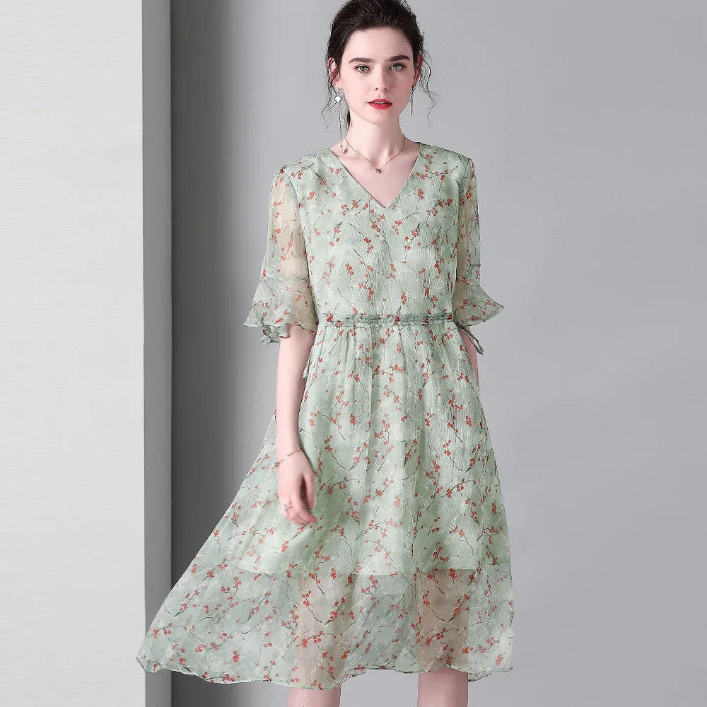 

100% Silk Dress Summer Women Sweet Pea Green Midi A Line Dresses Printing V Neck Ruffles Sleeve Beach sukienka Casual vestidos