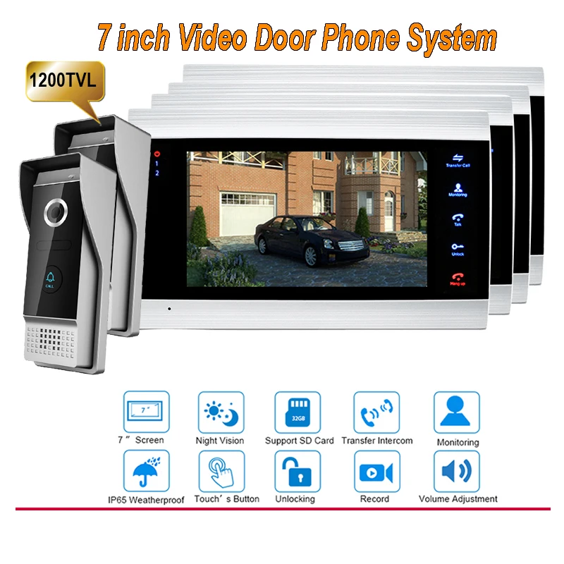 

New 7 inch 1200TVL Video Intercom System Door Phone Doorbell With IP65 wide Angle 110 degree Camera DoorPhone 2v4