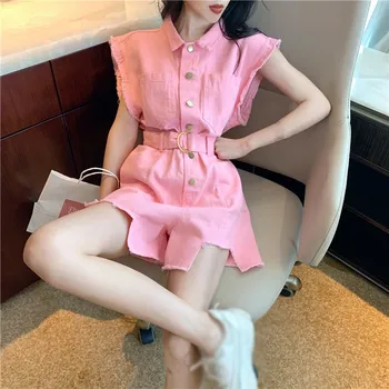 

2019 Summer Pink Green Denim Turn Dwon Collar Sleeveless Tank Playsuits Single-Breasted Sash Loose Wide Leg Jumpsuit