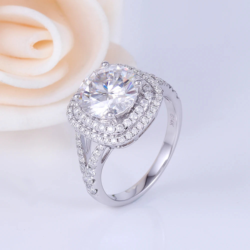 Женское кольцо с муассанитом 3 карата из белого золота 585 пробы|diamond white gold|diamond halo