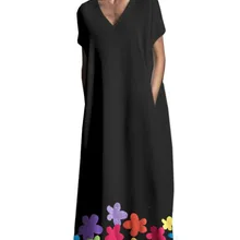 Женское Свободное длинное платье, стиль, цветочный принт, v-образный вырез, богемное парео, Пляжная накидка, летняя, короткий рукав, с карманами, синее