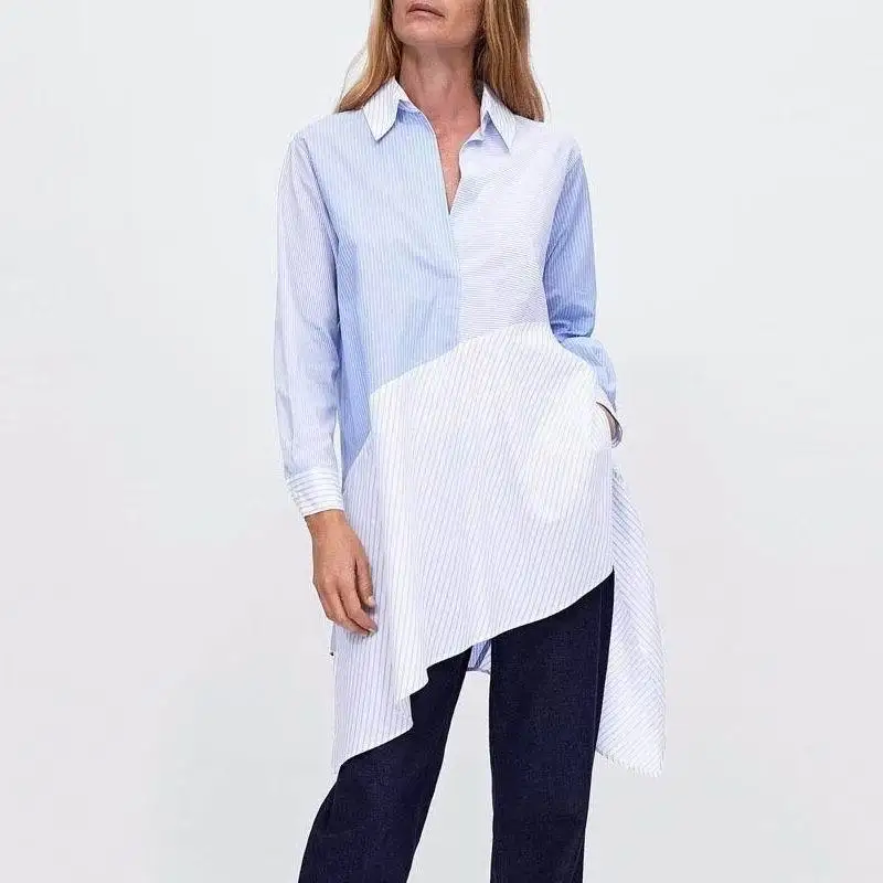 

Women's 2019 Spring New England Stripes Stitching Asymmetric Long Shirt Patchwork Turn-down Collar Spliced Shirt Blouse Women