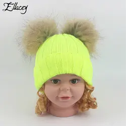 Ellacey 2018 зима двойной волосы мяч Шапки дети из натурального меха енота шапочки керлинг ребенок вязаная Кепки для маленьких девочек теплый