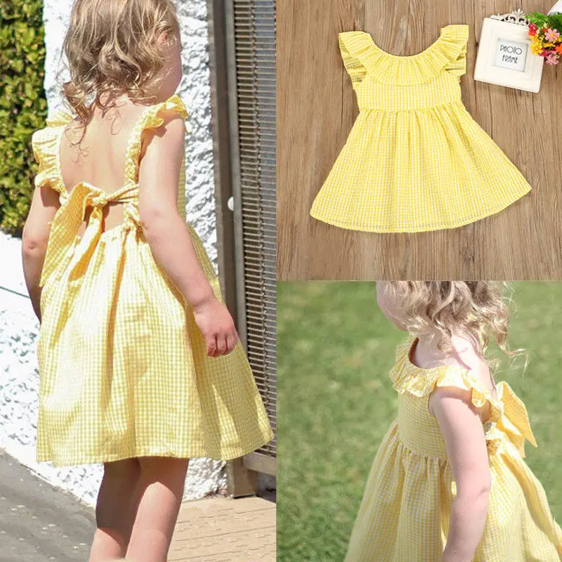 2018 New Fashion Hot Girls Ruffles Lace Belt Backless Plaid Sleeveless Clothes Outfits Princess Party Dresses CH | Детская одежда и