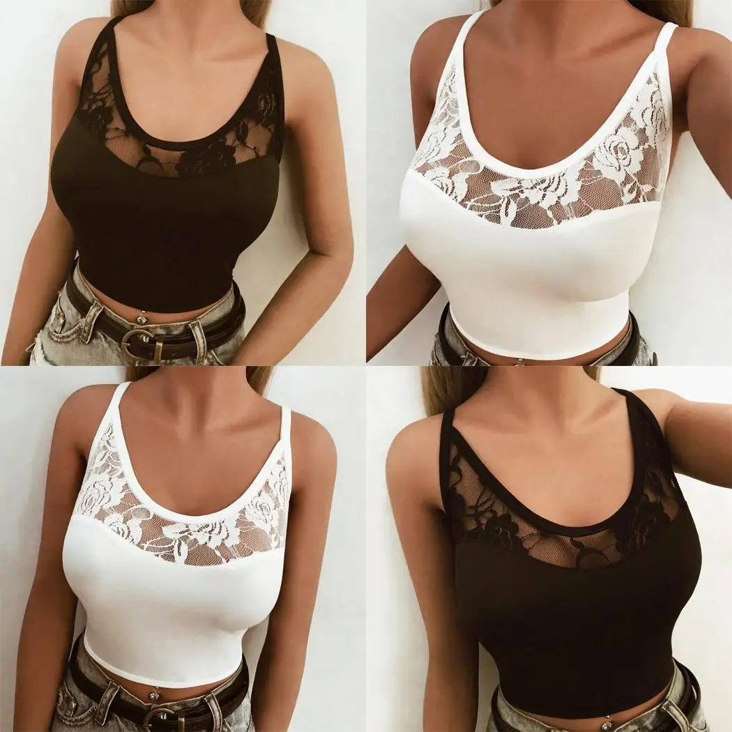 

New Women Fashion Floral Patchwork Cami O Neck Patchwork, Summer Slim Casual Fit Crop Lace Top Short