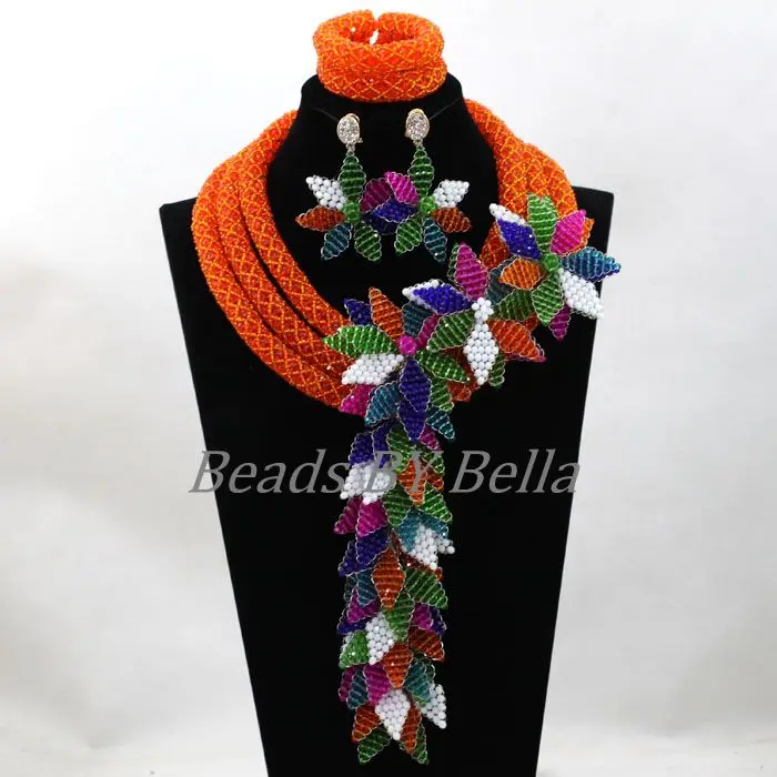 Большой полный бисер нигерийский Свадебный Оранжевый Комплект украшений в африканском стиле наборы кулонов Цветы ожерелье для невесты ABL002