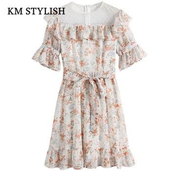 

2019 New Female Floral Print Patchwork Mesh Dot O-neck Ruffles Mutli Color Chiffon Casual Dress Sashes