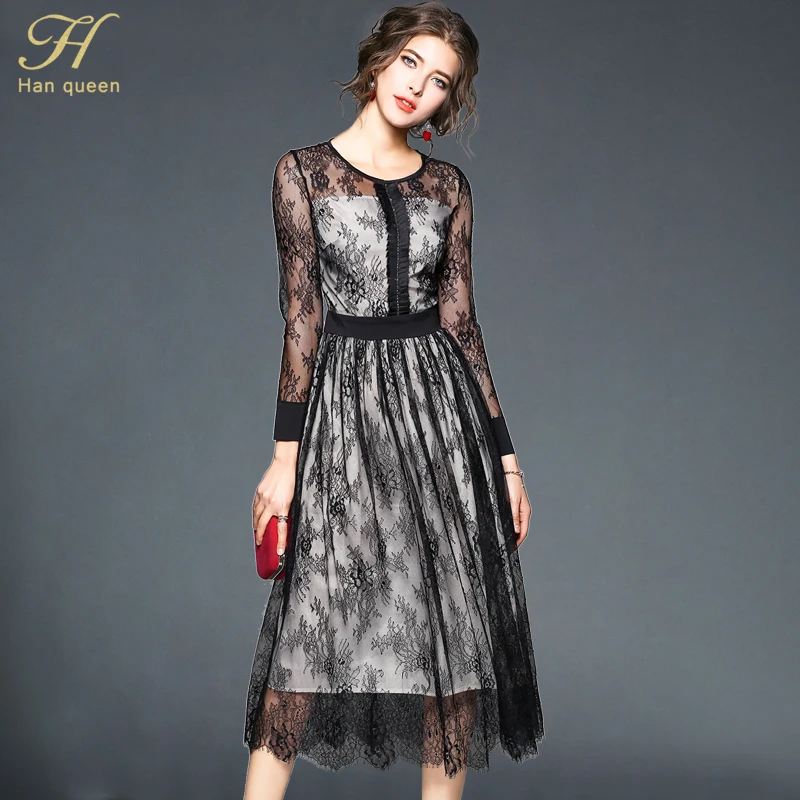 

H han queen New Lace Dress Work Casual Slim Fashion O-neck Sexy Hollow Out Long Sleeve Long Dresses Women A-line Vintage Vestido