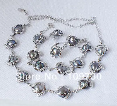 

Jewelry 00197 Fashion jewellery Black freshwater pearl necklace bracelet earring ring set (0430)