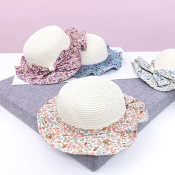 

Baby Girls Bowknot Floral Print Straw Beach Cap Summer New Sunshade Children's Hat
