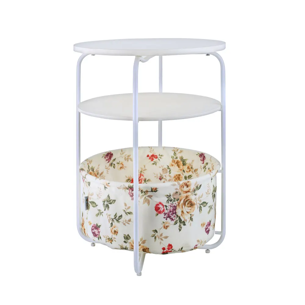 Round Wooden Side Table 3 Tiers With a Book Storage Canvas Basket Bag Round Wooden Side Table 3 Tiers With a Book Storage Canvas Basket Bag