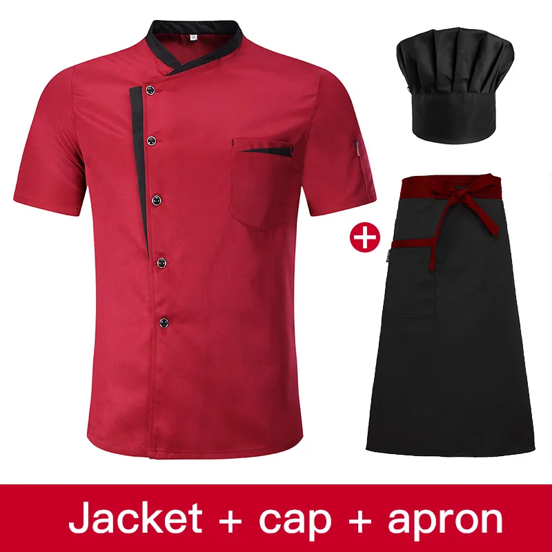 Мужская униформа для ресторана, кухни, шеф-повара, дышащая куртка с короткими рукавами+ Кепка+ фартук, рабочая одежда для мужчин - Цвет: jacket hat apron