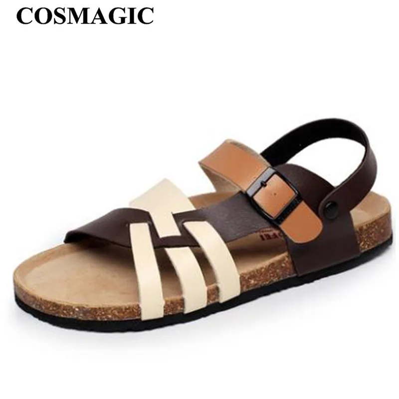 

COSMAGIC 2019 Fashion Men Beach Cork Sandals Summer Non-slip Cut-outs Outside EVA PU Leather Slipper Slide Shoe High Quality