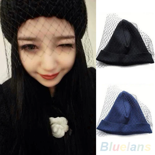 

Women Vintage Mesh Net Veil Dress Hat Bowknot Knitted Beanie Winter Warm hat Cap