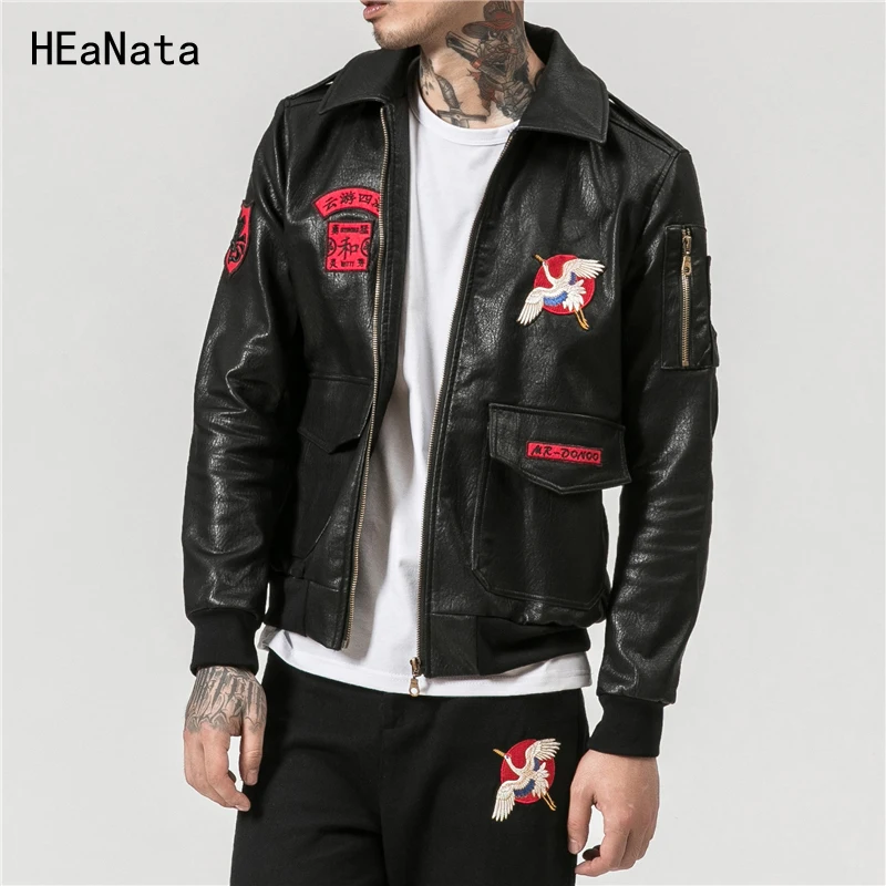 Man Leather Jacket  Mens Crane Print Black Leather Jacket Male Streetwear Fall Bomber Jacket Outerwear Faux Leather Coat 5XL
