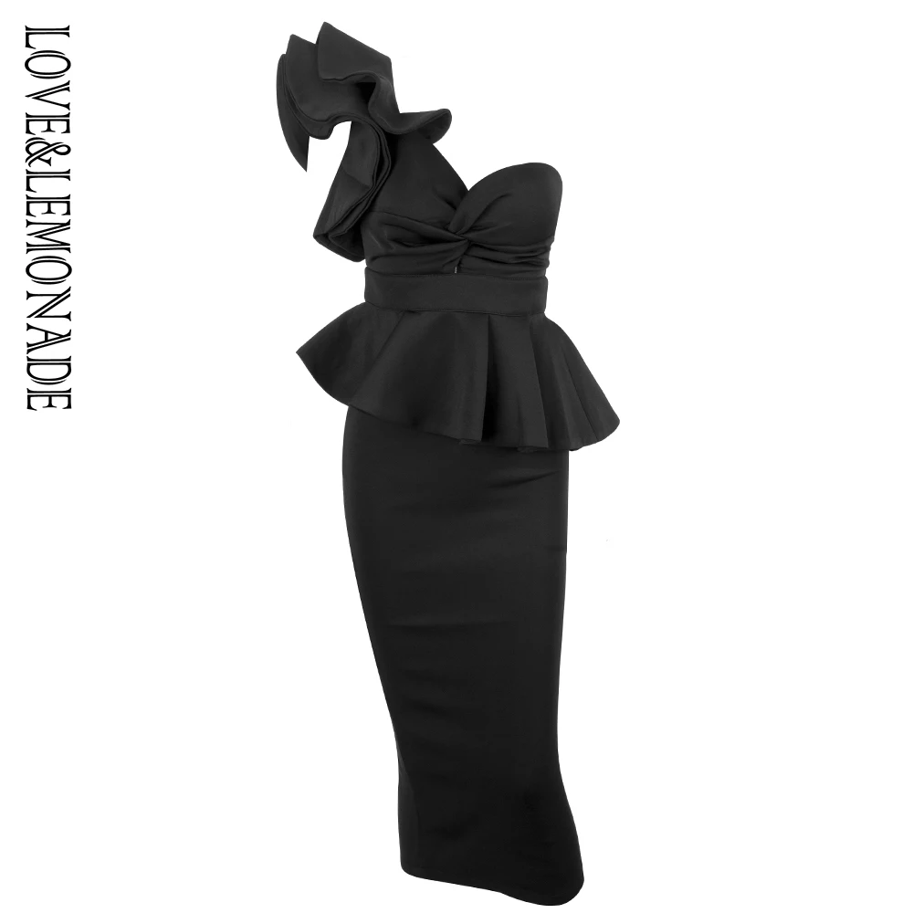 

Love&Lemonade Black One-Shoulder Ruffle Trim Two-Pieces Slim Sets LM1193