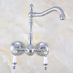 Polished Chrome Brass Wall Mount Kitchen Sink Faucet Swivel Spout Mixer Tap Dual Ceramics Handles Levers anf572