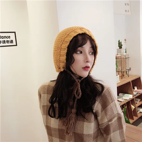 Зимние шапки Skullies Beanies для женщин Harajuku милые девушки кисточкой оплетка теплые черепа сплошной цвет шнуровка вязанные шапки-бобы