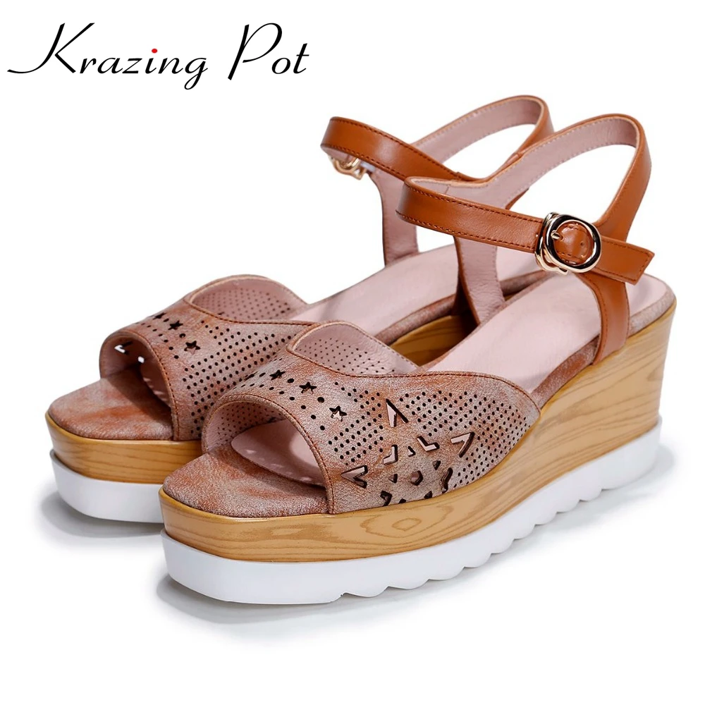 

Krazing Pot new shoes women platform sandals hollow Five-star patten cow leather increased wedges waterproof plus size shoes L60