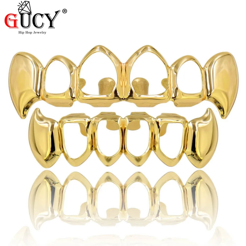 

GUCY Custom Fit Pure Gold Color Plated Vampire Teeth Four Hollow Open Face Gold Mouth GRILLZ Caps Top&Bottom Hip Hop Grill Set