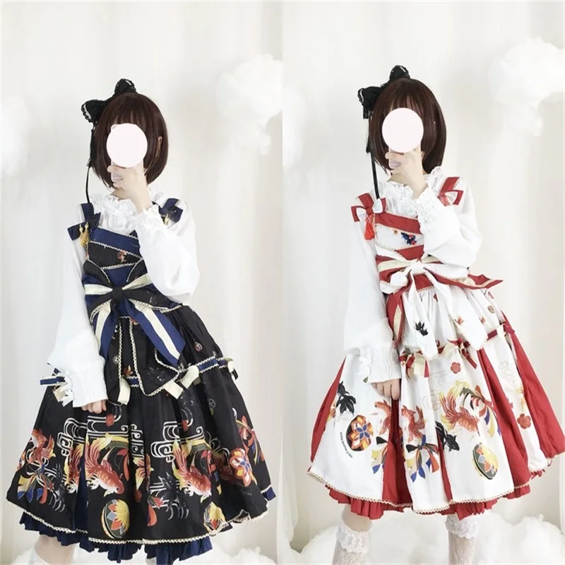 

Japanese Women's Gothic Kimono Bow JSK Vest Dress Goldfish Printing Vintage Lolita Palace Style Cosplay Suspenders Dresses