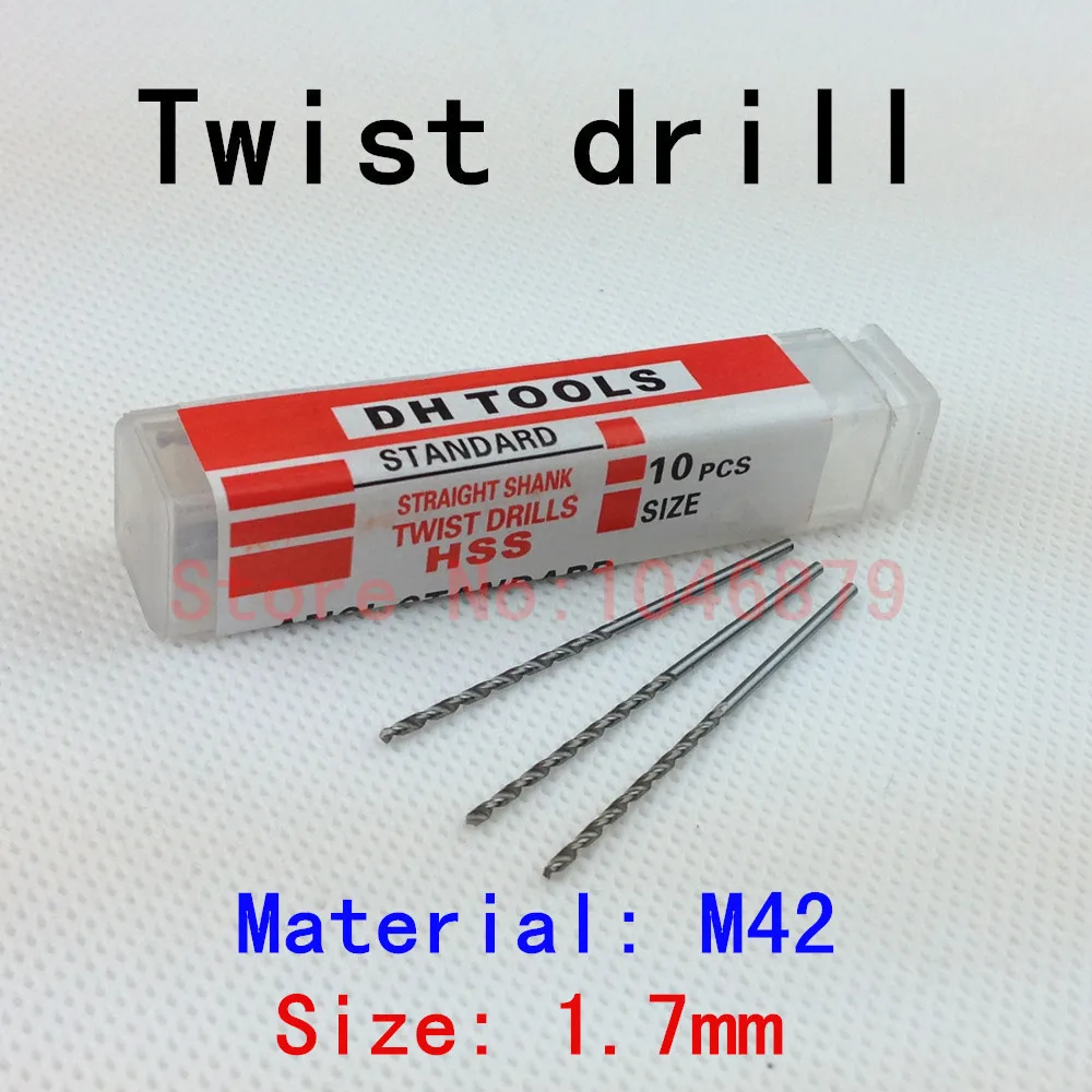

10 / box, small twist drills, material M42, cobalt high speed steel. Size: 1.7mm