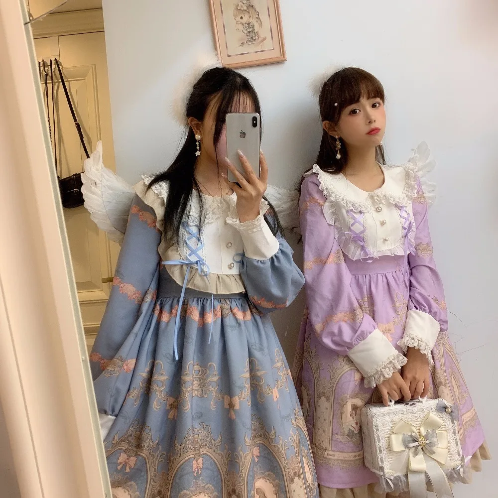 

Praise Angel Japanese Sweet Lolita Retro Lace OP Dress Print Elegant Fairy Kei Flouncing Bow Women's Long Sleeve Princess Dress