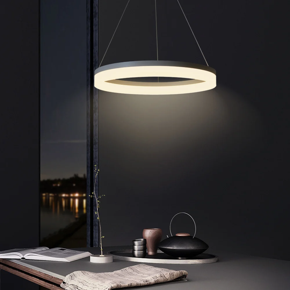 Современный светодиодный подвесной светильник акриловое кольцо алюминиевая Краска 90-265 в подвесные лампы для гостиная столовая