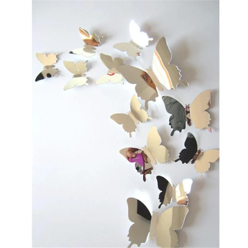 

12pcs/set Mirror Wall Stickers Butterflies 3D Mirror Wall Art Home Decors butterfly fridge wall decal on sale Free Shipping
