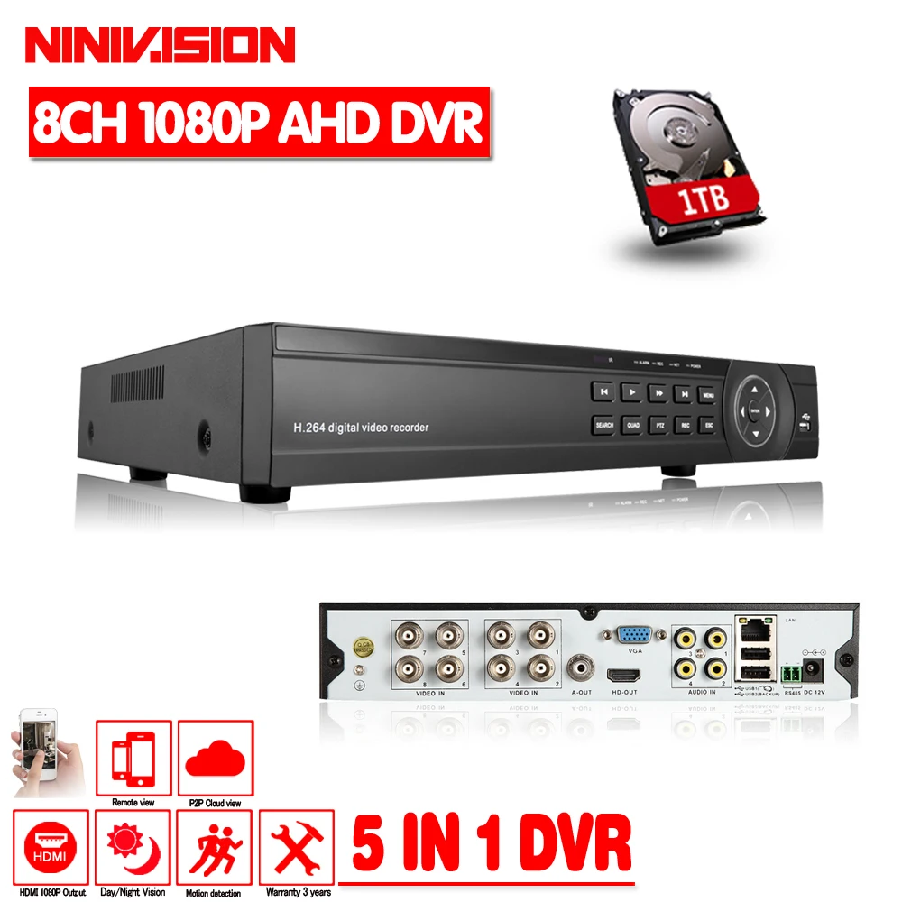 NINIVISION XVR 8CH канальный видеорекордер наблюдения 1080 P Гибридный NVR AHD TVI CVI Hi3521A 8CH DVR 5-в-1 XMeye P2P DVR