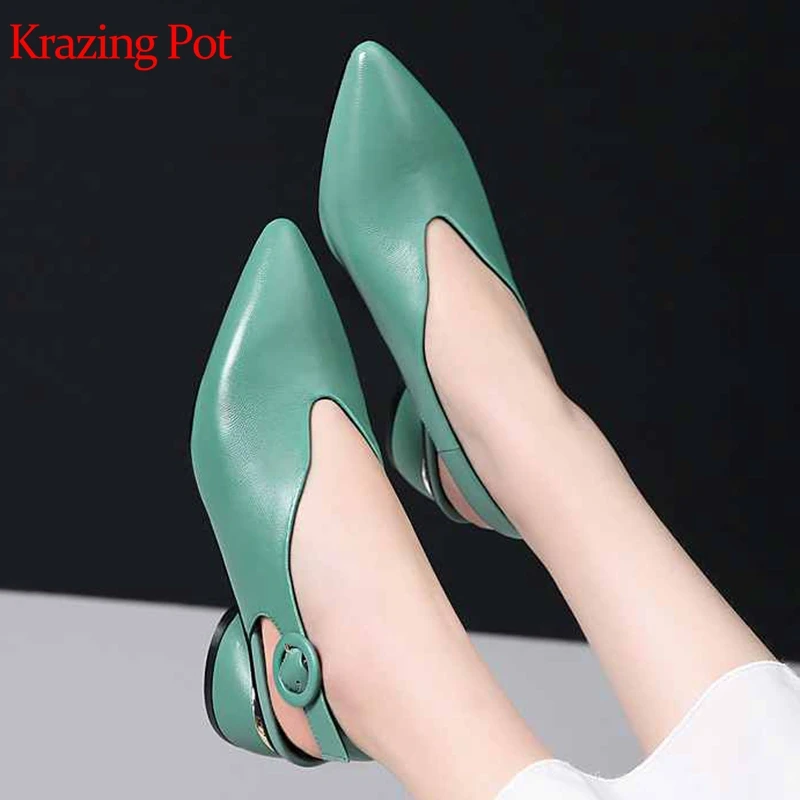 

Krazing Pot popular sheep leather med heels round buckle pointed toe summer princess girl slingback big size 42 41 40 pumps L3f3