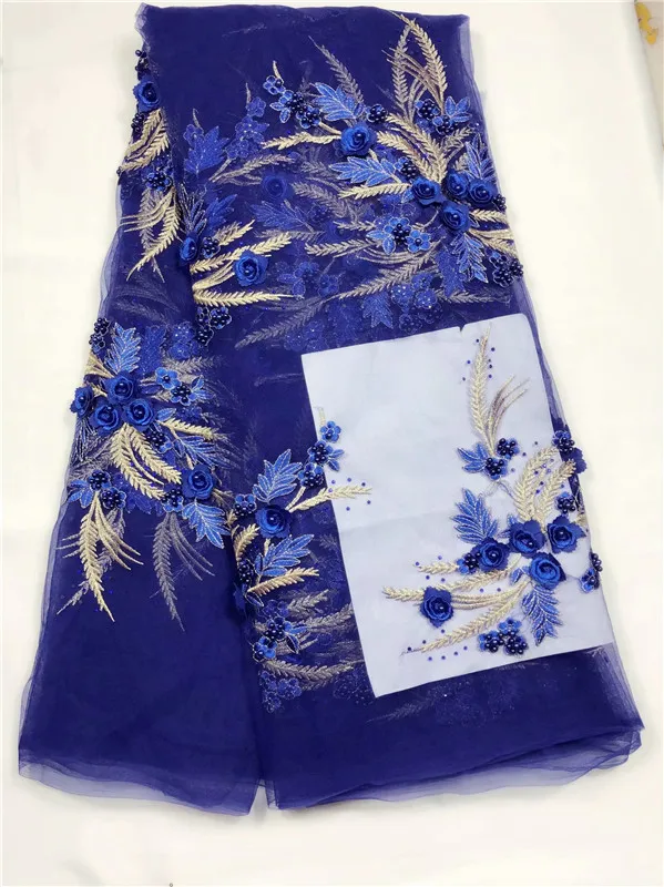 Ярко-синий вышитый тюль кружевной ткани, новейший африканский тюль ручной работы бисер, кружева, ткани высокого качества красный фиолетовый золотой - Цвет: yj3952