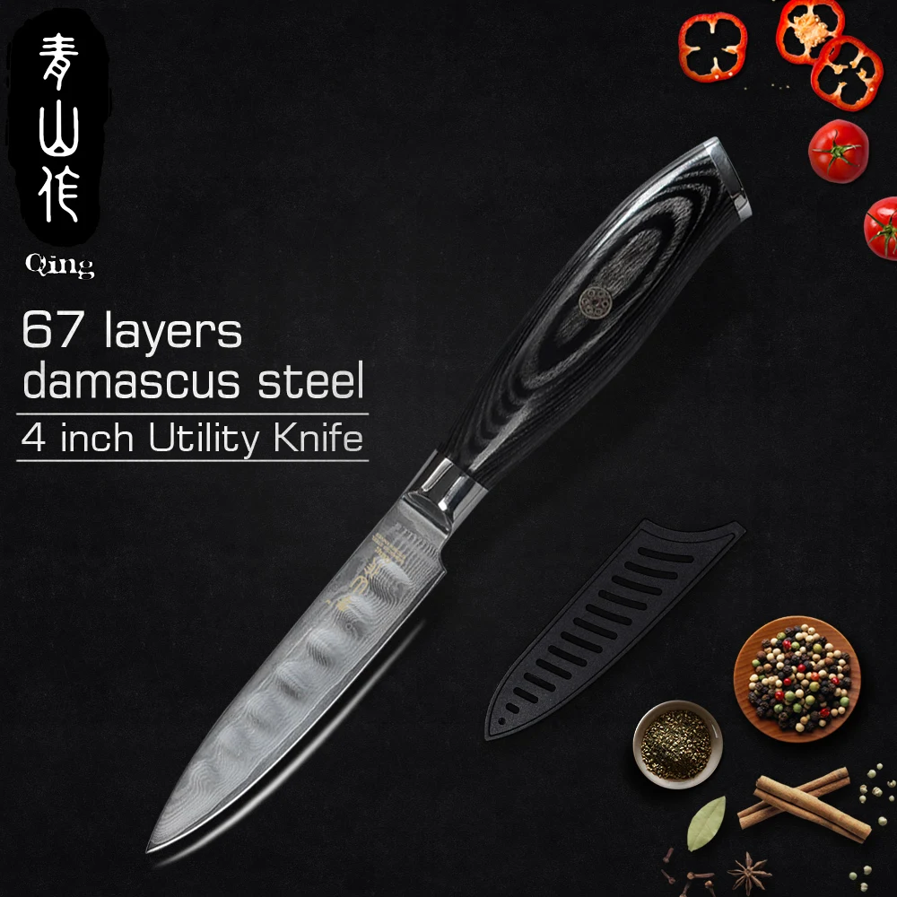 

Sharp 4 inch Utility Knife QING VG10 Japanese Damascus Knives Color Wood Handle 100% Ultra Premium Japanese Damascus Steel Core
