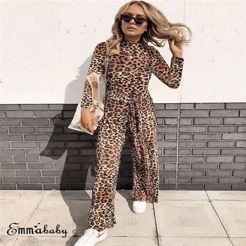 

Trendy Women clothes Leopard print round neck long sleeve Jumpsuit Bandage casual Polyester Romper one pieces