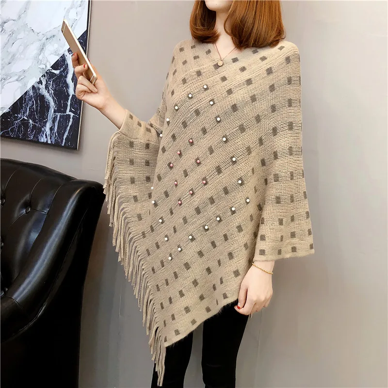 

Plus Loose Oversized Beading Pearls Tassel Poncho Batwing Sleeve Cloak Sweater Knitwear Wrap Pullover Party OL Fashion Chaqueta