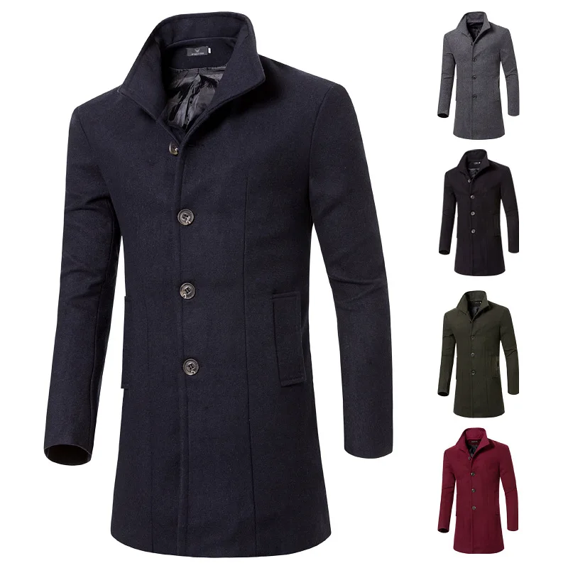 2017 High Quality Trench Coat Men Tops Autumn Style Double Breasted Trench Coat Woolen Cloth Fabric Long Mens Trench Coat