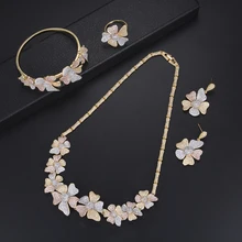LARRAURI New Luxury Flower Necklace Earring Ring Cubic Zircon CZ Jewelry Sets For Women Wedding Indian Dubai Bridal Jewelry Sets godki luxury flower blossom nigerian bridal jewelry sets for women wedding cubic zirconia crystal cz dubai indian jewelry sets