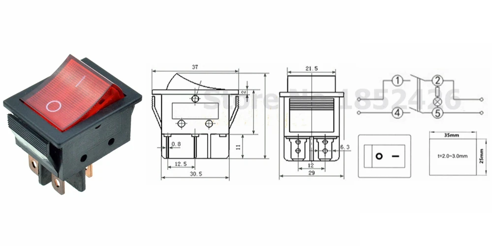 30A 250VAC красный светильник высокий ток электросварщик Кулисный лодочный переключатель DPST 4 контакта 2 положения вкл/выкл 35x25 мм защелкивающаяся Панель Крепление