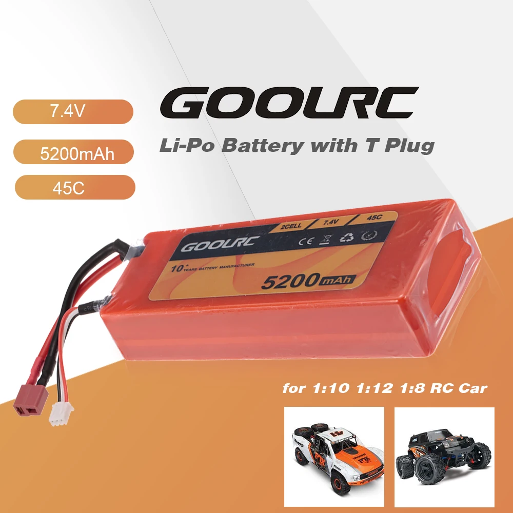 

GoolRC RC Car 2S 7.4V 5200mAh 45C Li-Po Battery T Plug for 1:10 1:12 1:8 Traxxas HSP RC Cars Truck Buggy Crawler