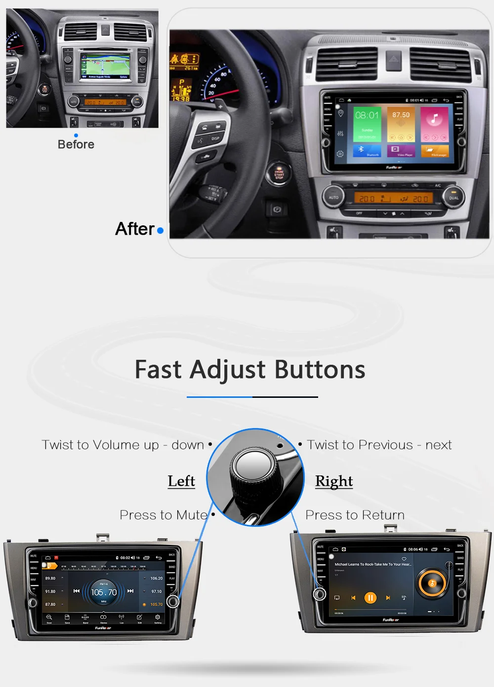 Top Funrover 4G RAM Android9.0 Car dvd player For Toyota Avensis 2009-2013 8 core gps navigation autoradio tape recorder DSP 64G ROM 4