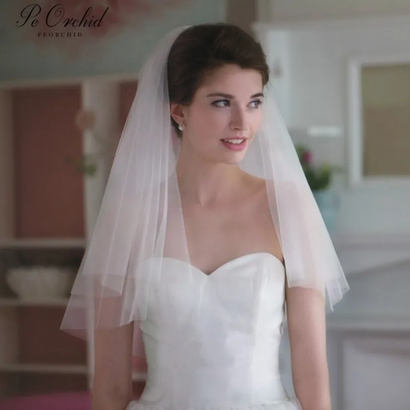 PEORCHID Two Layer Short Wedding Veil With Comb Cheap Dodatki Weselne Cut Edge Elegant Soft Tulle White/Ivory Bridal Veils image_0