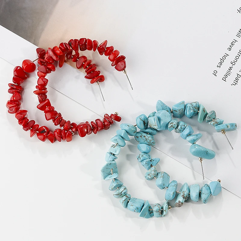 

AENSOA Unique Creative Red Green Stone Handmade Hoop Earrings For Women New ZA Vintage Irregular Statement Earrings Jewelry Gift