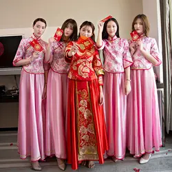 Для женщин Китайский воротник-стойка Qipao 2018 сексуальный цветок свадебное платье подружки невесты элегантная Vestidos плюс Размеры Леди Cheongsam
