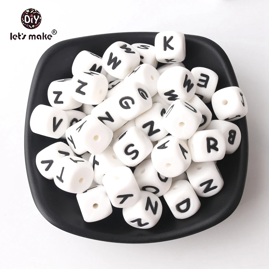 От компании Let's Make 60 шт. кубик алфавита в форме Еда Класс силиконовый шарик в 26 букв BPA бесплатные силиконовые жевательные бусины для душа детский Прорезыватель для зубов
