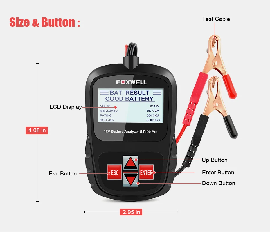 FOXWELL BT100 Pro 12 V автомобиль Батарея тестер для свинцово кислотная лавинно AGM гель 12 вольт Автомобильный цифровой Батарея анализатор 100-1100CCA