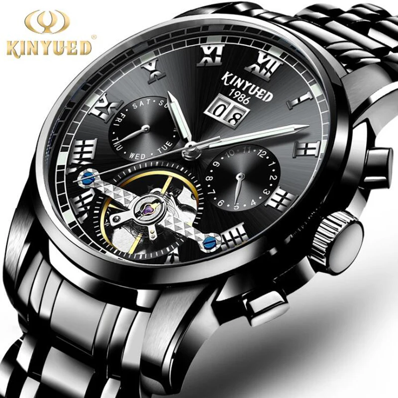 

Genuine Luxury KINYUED Brand Men Self-wind Waterproof Full Steel Automatic Mechanical Watch Fashion Black dial Tourbillon Watch