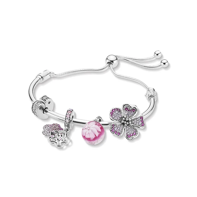 

2019 New Real 925 Sterling Silver Fashion Peach Blooming Adjustable Bracelet Fit for Original Pan Bracelet DIY Jewelry