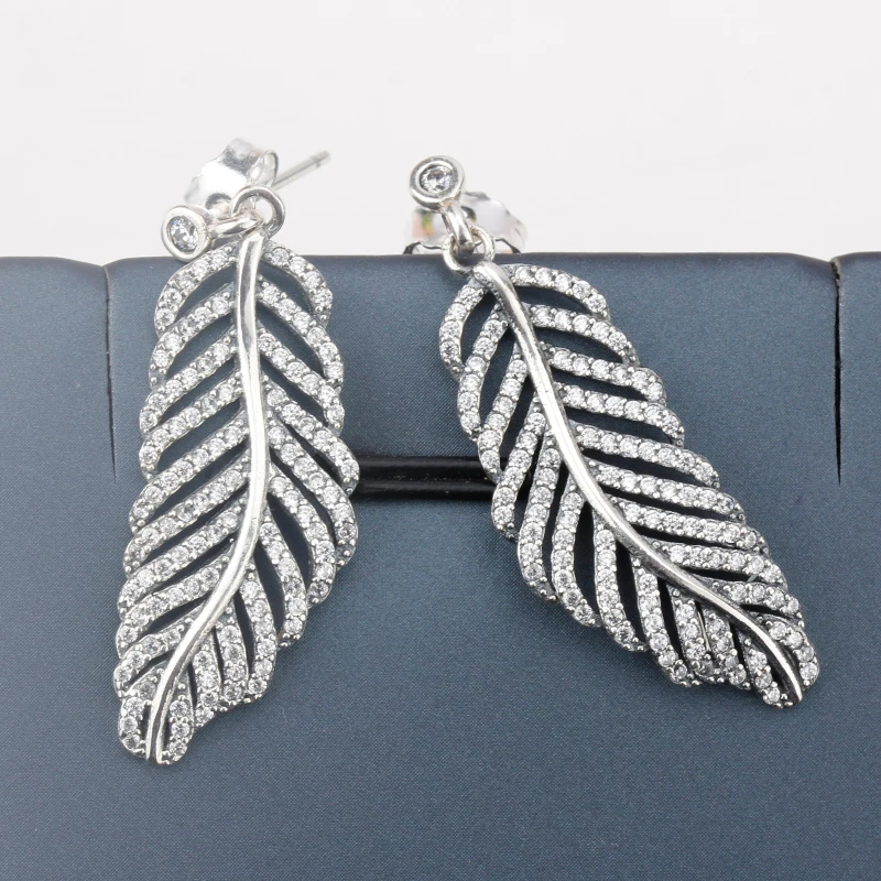 

925 Sterling Silver Earrings with Clear CZ Hollow Feather Stud Earrings for Women Fine Jewelry Making