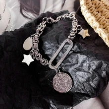 HZ Серебряный винтажный звезда круг металлическая монета кисточкой цепь Регулируемый Ins дизайнерский браслет ручной ювелирный браслет для женщин