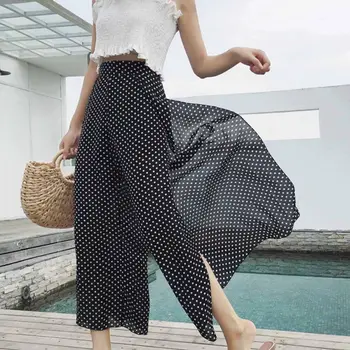 

Women Loose Casual Chiffon Pants Printed High Waist Side Split Wide Leg Pants Ladies Summer Flare Pants 2018